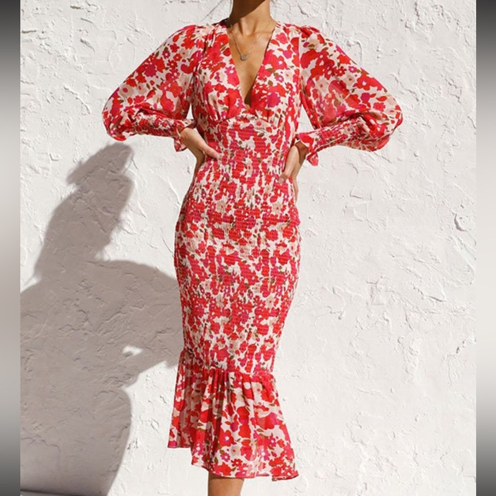 Luxxel Red Floral Long Sleeve Dress